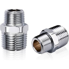 2Pack LF Brass 1/2" Male NPT to 3/8" Male NPT Reducer Pipe Fittings Adapter, Chrome-Plated & Hex Nipple