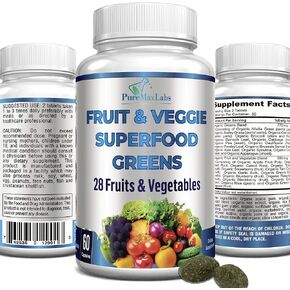 Fruit and Veggie Superfood Greens - 28 Fruits and Vegetables incl. Alfalfa, Barley Grass, Spirulina, Beet Root, Tart Cherry, Concentrated Natural Antioxidants- 60 Tablets