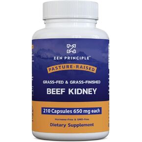 Zen Principle Grass Fed Beef Kidney Supplement, 210 Capsules, 3250mg. DAO Enzyme for Histamine Health. Selenium and B12 for Thyroid Support.