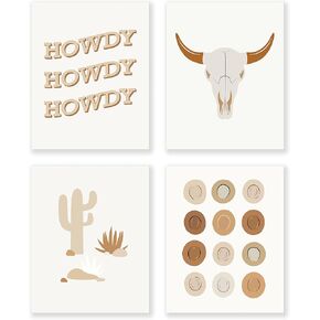 LiTiu Boho Preppy Wall Art Poster Prints Decor, Howdy bull Skull Cowboy Cowgirl Hat Cactus 8"x10"Set of 4, Boho Preppy Artwork Girls Gifts for Women, Decor For Girls Room