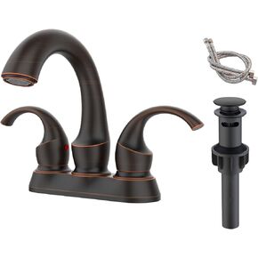 Oil Rubbed Bronze Bathroom Faucet with 2-Handle and Aerator, Swan Style 4-inch Centerset Vanity Sink with Pop-Up Drain and Supply Hoses, FR4075-ORB
