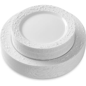 BloominGoods 50 PSC Disposable Plastic Plates For Party, 25 7 In. Appetizer Plates And 25 10.5 In. Dinner Plates, White With Gold Design Plates For Wedding Or Event, Heavy Duty