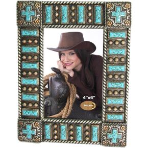 The Bridge Collection Western Turquoise Crosses Picture Frame - Western Home Decor Items - Picture Frame for Western, Cowgirl, or Country Decor