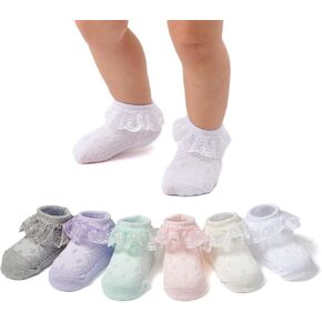 Mini Angel Baby Lace Socks Infant Girls Eyelet Lace Ruffle Frilly Ankle Socks Soft Cotton Dress Socks with Box Gift Set,6 Pairs,White/Cream/Pink/Grey/Light Green/Purple,6-12 Months