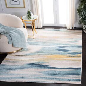 SAFAVIEH Skyler Collection 5'5" x 7'7" Beige / Navy SKY542B Abstract Watercolor Non-Shedding Living Room Bedroom Dining Home Office Area Rug