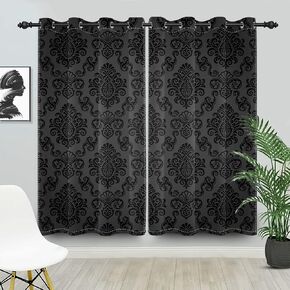 Black Damask Floral Blackout Curtain Vintage Classic Flower Pattern Printed Drapes 42 x 63 Inches Window Curtain Set for Living Room Bedroom Kitchen Decor, 2 Panels Grommet Drapes