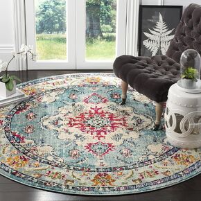 SAFAVIEH Monaco Collection 9' Round Light Blue/Fuchsia MNC243J Boho Chic Medallion Distressed Non-Shedding Dining Room Entryway Foyer Living Room Bedroom Area Rug