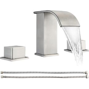 Waterfall Bathroom Faucet Brushed Nickel - Widespread 2 Handle 8 Inch 3 Hole Bathroom Sink Faucet, Basin Faucet Mixer Taps with 2 Faucet Supply Line Hoses for Bathroom Restroom Vanity Lavatory