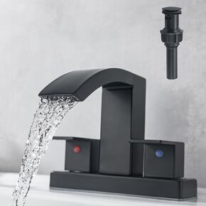 4 Inch Centerset Bathroom Sink Faucet, Two Handle Waterfall Bathroom Faucet, Black Vanity Faucet 3 Hole Bathroom Lavatory Faucet with Pop Up Drain & Supply Lines, Matte Black