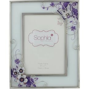 Purple Butterfly Flowers and Diamante Glass Photo Frame 5 x 7