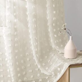 Guken Grommet Pom Pom Sheer Curtains 84 Inch Length 2 Panels for Living Dining Room Textured Curtain for Bedroom Light Filtering Semi Sheer Voile Boho Farmhouse Curtain Panels,Nature,W38xL84