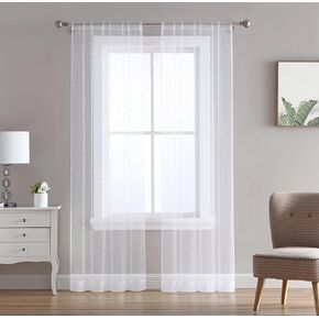 Beatrice Home Fashions Allure Pearl Sheer Curtains with Rod Pocket, Each Panel Measures 38" W x 96" L, White, 2 Panels