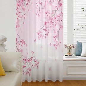 Spring Summer Floral Semi Sheer Curtains Drapes for Living Room,Bedroom,French Doors Window 84 Inches Long,Rod Pocket Chiffon Curtain Drapery Voile Draperies Panel Pink Asian Japanese Cherry Blossom