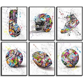 6Pcs Graffiti Soccer Wall Art Street Pop American Sneakers Posters Pictures Colorful Sports Shoes Paintings Inspirational football Basketball Canvas Prints for Boy's Room Man Cave Wall Decor Unframed