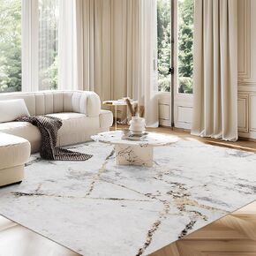 HOMBYS 10x14ft Modern Marble Area Rug for Living Room Bedroom, Large Abstract Floor Carpet for Indoor Office Dining Room, Home Deco Non-Shedding, Blue, Machine Washable