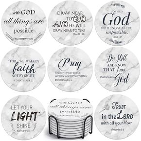 Billbotk Ceramic Coasters with Bible Verses, Coasters Set of 8 with Holder, Absorbent Drink Coasters for Home Decor and Christian Gifts, 4 Inches