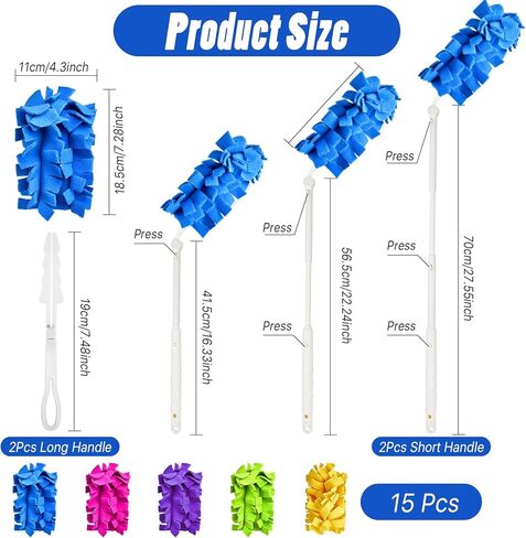 15 قطعة منفضة قابلة لإعادة الاستخدام، منافض للتنظيف، عبوات منفضة شديدة التحمل مع قطعتين من المقبض الممتد وقطعتين من المقبض القصير، وسادات منفضة قابلة للغسل لمروحة السقف الصلبة ونافذة الخشب الصلب in Kuwait