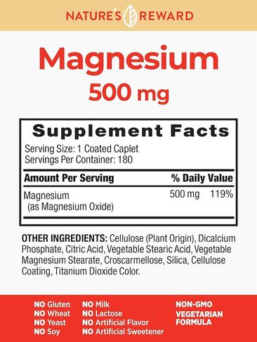 Magnesium Oxide Supplement - 500mg - 180 Count - Vegetarian, Non-GMO & Gluten Free Formula - by Nature's Reward in Kuwait