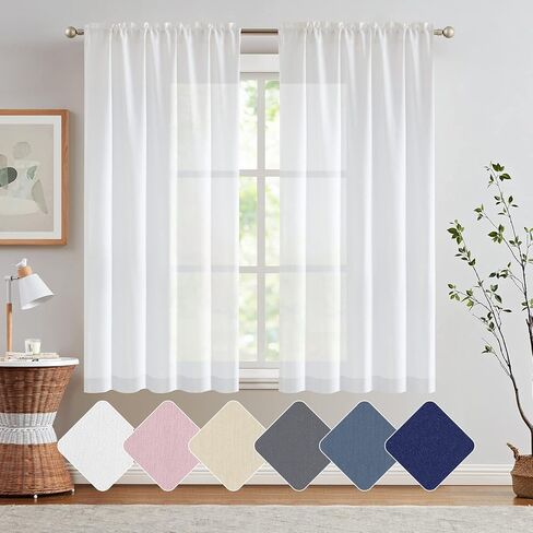 jinchan الخصوصية شبه شير الستائر البيضاء لغرفة النوم عارضة نسج نافذة الستائر لغرفة المعيشة الكتان الستائر ستارة النافذة البيضاء 63 بوصة طول 2 لوحات in Kuwait