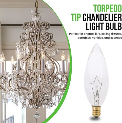 Blunt Tip Decorative Candle Light Bulbs CTC Chandelier Bulbs Torpedo Tip Incandescent Light Bulbs, E12 Candelabra Light Bulb Base, Soft White, Pack of 12 (25W-TORPEDO-12PK) in Saudi Arabia