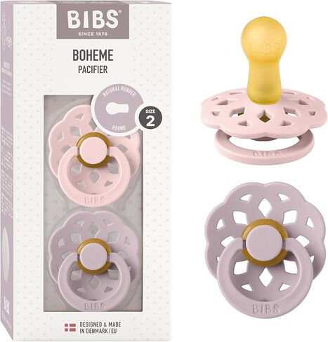 لهايات BIBS - مجموعة بوهيم | لهاية أطفال خالية من مادة BPA | صنع في الدنمارك | مجموعة من 2 لهايات فاخرة بلون بلوسوم/ليلك داكن | الحجم 6-18 شهرا in Kuwait