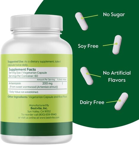 BESTVITE Artemisinin 200mg (60 كبسولة نباتية) - بدون ستيرات - بدون عوامل تدفق - نباتي - غير معدل وراثيًا - خالي من الغلوتين in Kuwait