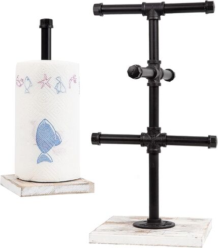 Mug Hanging Rack Kitchen Paper Towel Holder 2 Piece Industrial Black Metal Pipe Rustic White Washed Wooden Base Wood Organizer Multiple Branches Tree Coffee Cups Teacups Tissue Home Counter in Kuwait