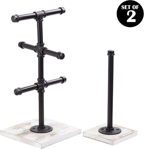 Mug Hanging Rack Kitchen Paper Towel Holder 2 Piece Industrial Black Metal Pipe Rustic White Washed Wooden Base Wood Organizer Multiple Branches Tree Coffee Cups Teacups Tissue Home Counter in Kuwait