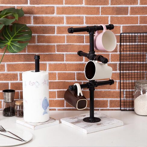 Mug Hanging Rack Kitchen Paper Towel Holder 2 Piece Industrial Black Metal Pipe Rustic White Washed Wooden Base Wood Organizer Multiple Branches Tree Coffee Cups Teacups Tissue Home Counter in Kuwait