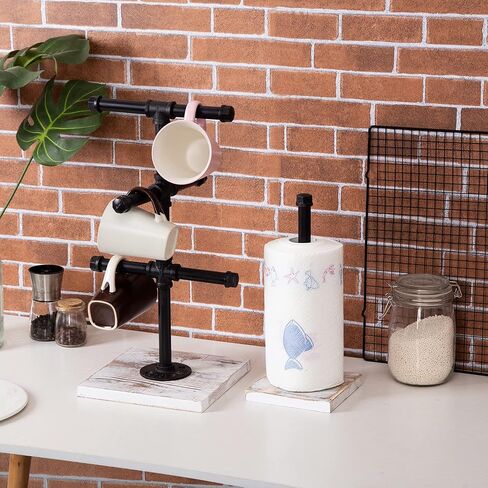 Mug Hanging Rack Kitchen Paper Towel Holder 2 Piece Industrial Black Metal Pipe Rustic White Washed Wooden Base Wood Organizer Multiple Branches Tree Coffee Cups Teacups Tissue Home Counter in Kuwait