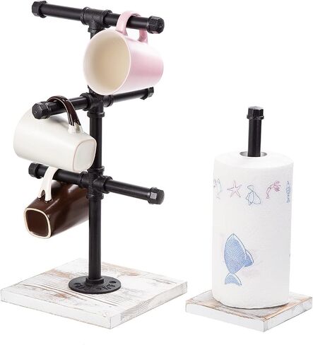 Mug Hanging Rack Kitchen Paper Towel Holder 2 Piece Industrial Black Metal Pipe Rustic White Washed Wooden Base Wood Organizer Multiple Branches Tree Coffee Cups Teacups Tissue Home Counter in Kuwait