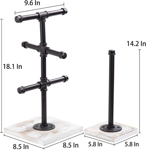 Mug Hanging Rack Kitchen Paper Towel Holder 2 Piece Industrial Black Metal Pipe Rustic White Washed Wooden Base Wood Organizer Multiple Branches Tree Coffee Cups Teacups Tissue Home Counter in Kuwait