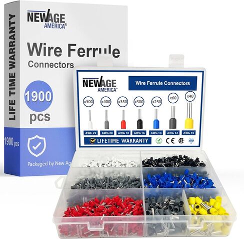 New Age America® 390pcs Wire Ferrule Terminal Connector | AWG 16-2 Ferrules | Copper & Nylon | Insulated & Uninsulated Cord Pin End Terminal | Color Coded | Ferrule Crimp Connectors | Wire Connectors in Saudi Arabia