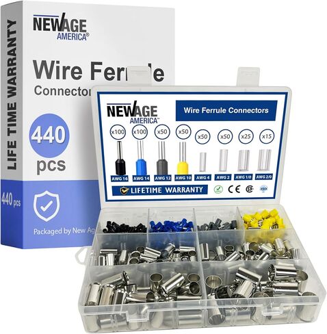 New Age America® 390pcs Wire Ferrule Terminal Connector | AWG 16-2 Ferrules | Copper & Nylon | Insulated & Uninsulated Cord Pin End Terminal | Color Coded | Ferrule Crimp Connectors | Wire Connectors in Saudi Arabia