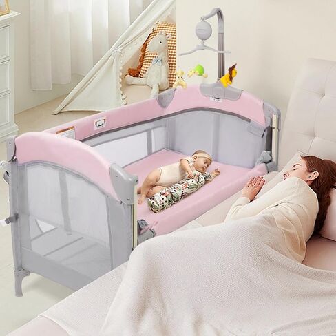 SIMPLGIRL 5-in-1 Pink Baby Bassinet Bedside Crib, Pack n Play Long Next to Parents Bed Crib, Foldable Playard, Playpen Travel Bed Nursery Center for Girl Infant Newborn in Saudi Arabia