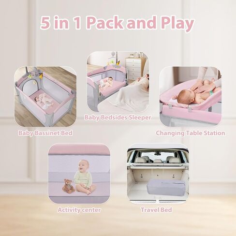 SIMPLGIRL 5-in-1 Pink Baby Bassinet Bedside Crib, Pack n Play Long Next to Parents Bed Crib, Foldable Playard, Playpen Travel Bed Nursery Center for Girl Infant Newborn in Saudi Arabia