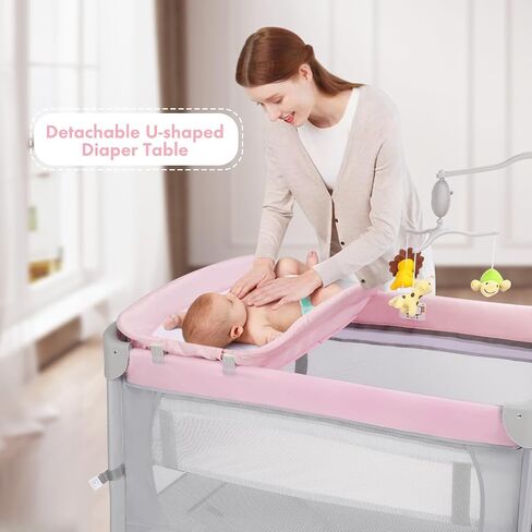 SIMPLGIRL 5-in-1 Pink Baby Bassinet Bedside Crib, Pack n Play Long Next to Parents Bed Crib, Foldable Playard, Playpen Travel Bed Nursery Center for Girl Infant Newborn in Saudi Arabia