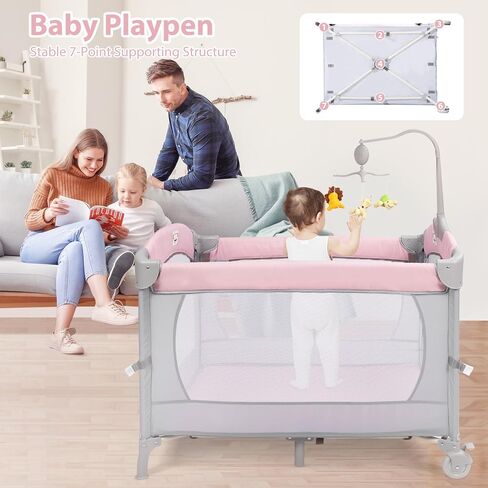 SIMPLGIRL 5-in-1 Pink Baby Bassinet Bedside Crib, Pack n Play Long Next to Parents Bed Crib, Foldable Playard, Playpen Travel Bed Nursery Center for Girl Infant Newborn in Saudi Arabia