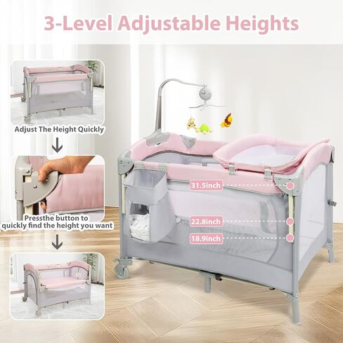 SIMPLGIRL 5-in-1 Pink Baby Bassinet Bedside Crib, Pack n Play Long Next to Parents Bed Crib, Foldable Playard, Playpen Travel Bed Nursery Center for Girl Infant Newborn in Saudi Arabia