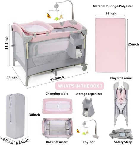 SIMPLGIRL 5-in-1 Pink Baby Bassinet Bedside Crib, Pack n Play Long Next to Parents Bed Crib, Foldable Playard, Playpen Travel Bed Nursery Center for Girl Infant Newborn in Saudi Arabia