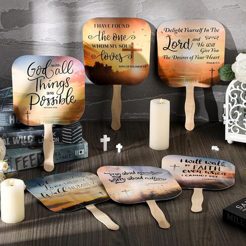 48 Packs Church Visitor Welcome Gifts Church Fans Handheld Christian Paper Fan with Wooden Handle Religious Fans Bible Verse Fans Hand Held Church Supplies for Church Services (Stylish) in Saudi Arabia