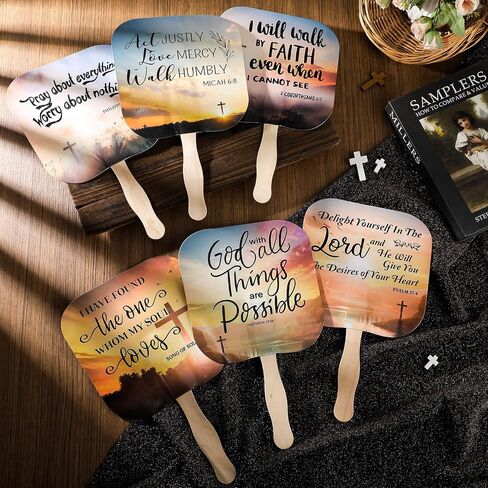 48 Packs Church Visitor Welcome Gifts Church Fans Handheld Christian Paper Fan with Wooden Handle Religious Fans Bible Verse Fans Hand Held Church Supplies for Church Services (Stylish) in Saudi Arabia