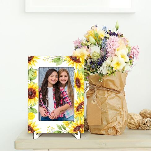 إطار صورة خشبي مع حامل، إطار صورة على سطح الطاولة عباد الشمس، مكتب ديكور المنزل للفتيات والنساء وأصدقاء العائلة، شاشة عرض عمودية أفقية مقاس 4 × 6 بوصات -01 in Kuwait