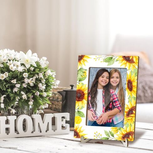 إطار صورة خشبي مع حامل، إطار صورة على سطح الطاولة عباد الشمس، مكتب ديكور المنزل للفتيات والنساء وأصدقاء العائلة، شاشة عرض عمودية أفقية مقاس 4 × 6 بوصات -01 in Kuwait