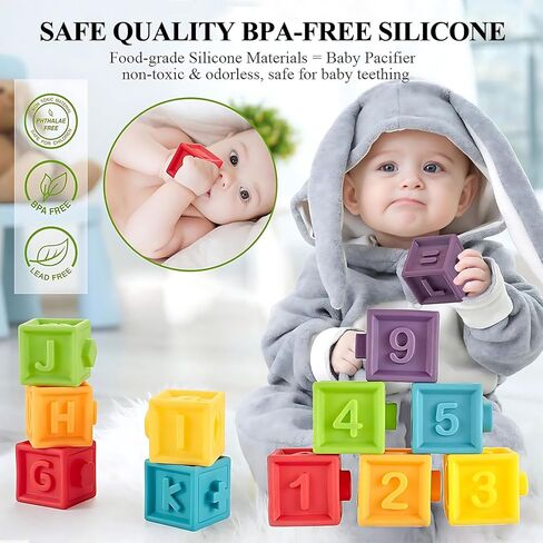 Kingtree Baby Blocks (Set of 12), Soft Silicone Building Blocks Squeeze Stacking Toys for 6 Months and Up Infants, Colorful Early Educational Puzzle Toy with Numbers Animals Shapes Textures in Kuwait