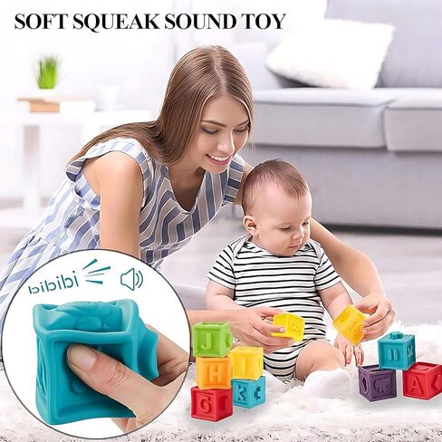 Kingtree Baby Blocks (Set of 12), Soft Silicone Building Blocks Squeeze Stacking Toys for 6 Months and Up Infants, Colorful Early Educational Puzzle Toy with Numbers Animals Shapes Textures in Kuwait