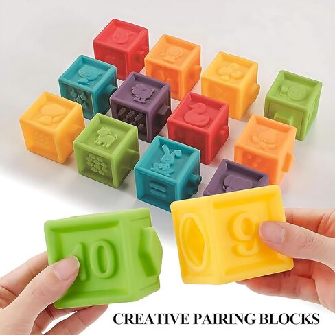 Kingtree Baby Blocks (Set of 12), Soft Silicone Building Blocks Squeeze Stacking Toys for 6 Months and Up Infants, Colorful Early Educational Puzzle Toy with Numbers Animals Shapes Textures in Kuwait
