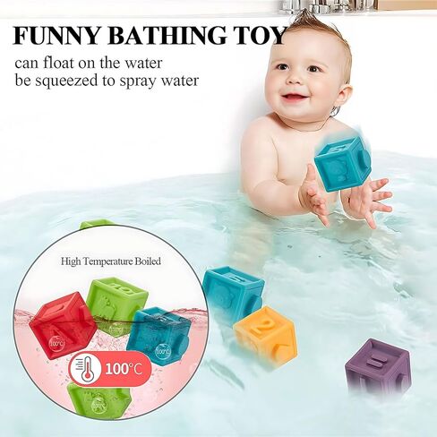 Kingtree Baby Blocks (Set of 12), Soft Silicone Building Blocks Squeeze Stacking Toys for 6 Months and Up Infants, Colorful Early Educational Puzzle Toy with Numbers Animals Shapes Textures in Kuwait