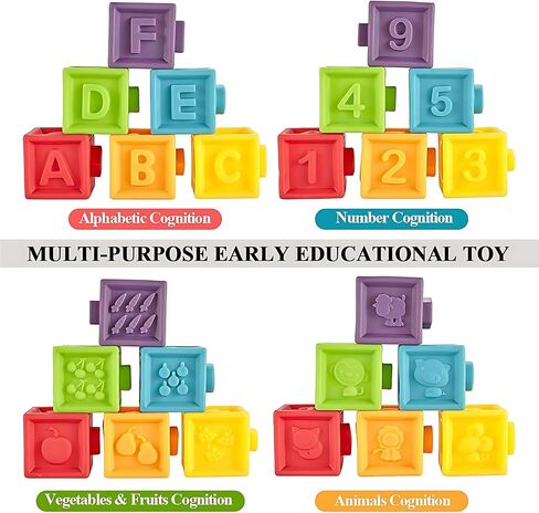 Kingtree Baby Blocks (Set of 12), Soft Silicone Building Blocks Squeeze Stacking Toys for 6 Months and Up Infants, Colorful Early Educational Puzzle Toy with Numbers Animals Shapes Textures in Kuwait