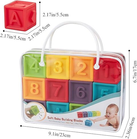 Kingtree Baby Blocks (Set of 12), Soft Silicone Building Blocks Squeeze Stacking Toys for 6 Months and Up Infants, Colorful Early Educational Puzzle Toy with Numbers Animals Shapes Textures in Kuwait